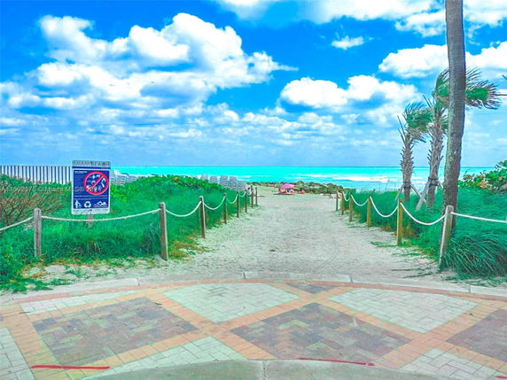 Pathway leading to a sandy beach with ocean view in the background and a 'No Pets' sign on the side.