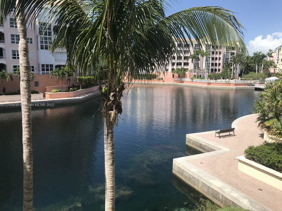 View of waterfront buildings with palm trees and a walking path.