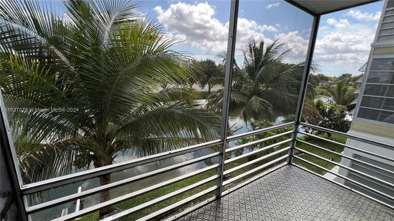 View from a screened outdoor balcony overlooking palm trees and water.