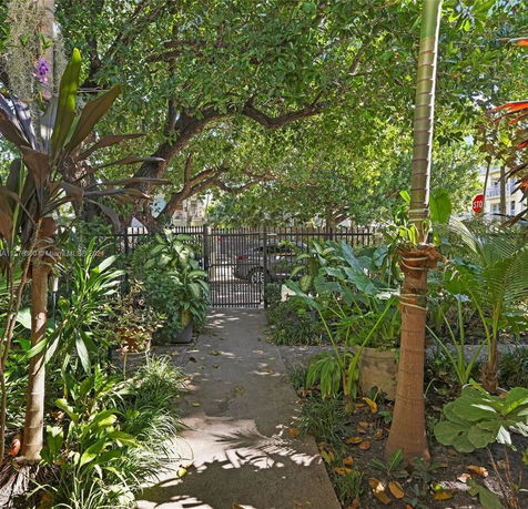Garden area with trees and plants leading to a metal gate.