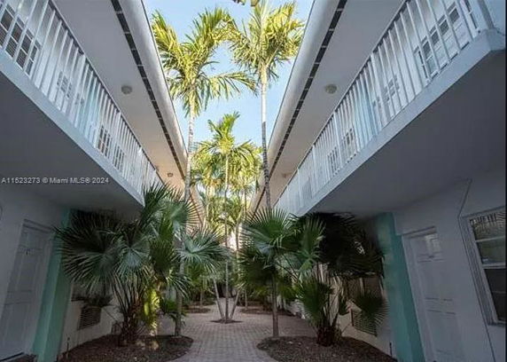 View of a courtyard area between two buildings with palm trees.