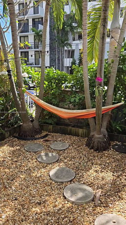 Hammock tied between trees with a view of a multi-story building in the background.