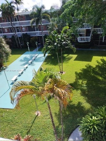 Outdoor play area with concrete surface surrounded by grass and palm trees.