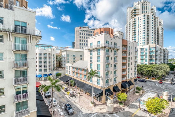 Urban view with multiple multi-story buildings and streets.