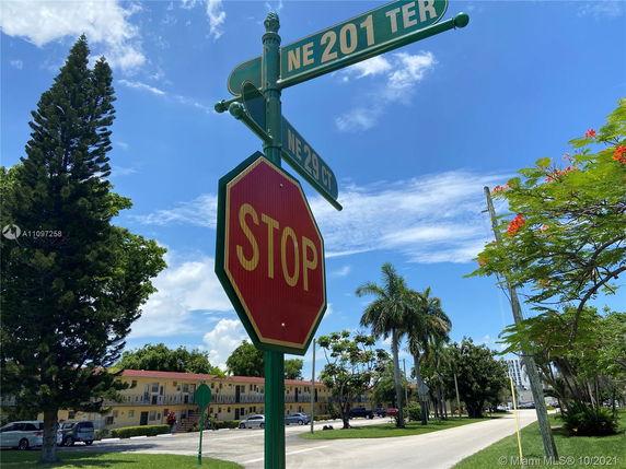 Street view with a stop sign and surrounding trees and buildings.