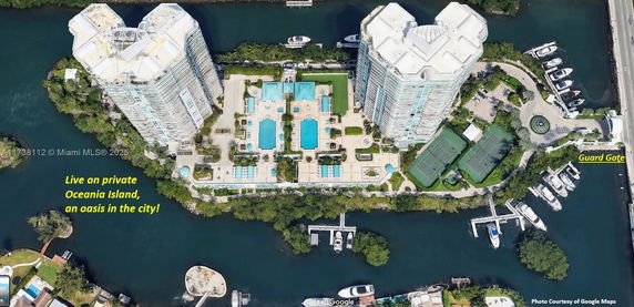 Aerial view of a private island with buildings, swimming pools, tennis courts, and nearby waterways.