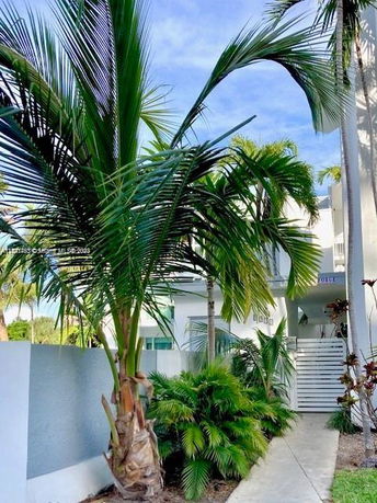 Front view of a modern two-story house with a gated entrance and palm trees.