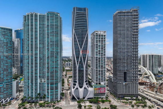Front view of modern high-rise buildings in an urban area.