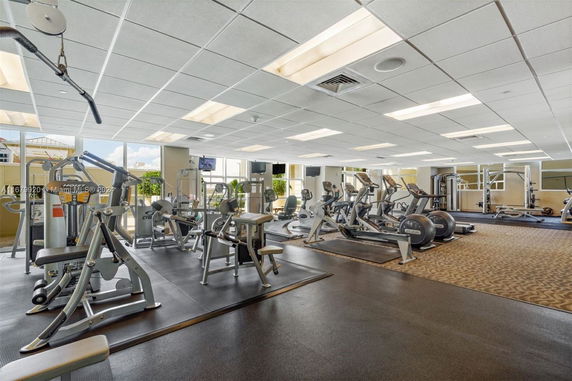 Interior view of a well-equipped gym with various exercise machines and large windows.