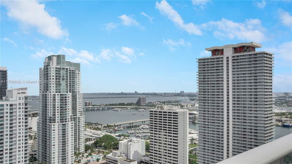 Panoramic view of high-rise buildings with a waterfront and bridge in the background.