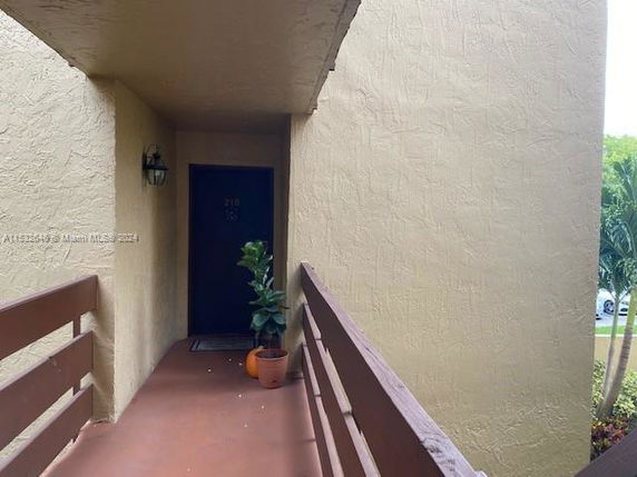 View of an apartment entrance with a potted plant and railing.