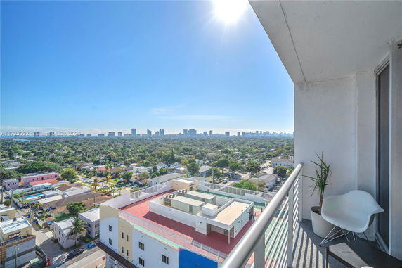 Wide-angle view of cityscape from a high-rise building balcony, showing urban skyline and greenery.