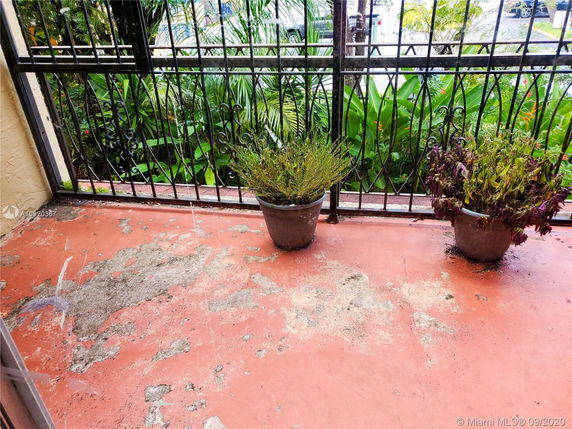 Outdoor area with a weathered concrete floor and potted plants near a metal railing.