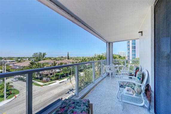 Balcony view of surrounding area with residential buildings and greenery.