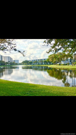 View of a body of water surrounded by grass and trees, with buildings in the distance.