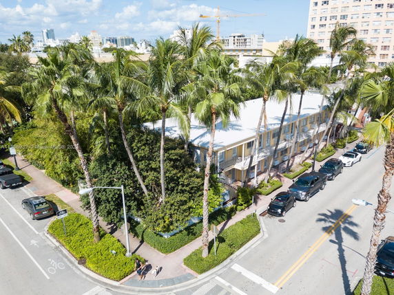 Front view of a multi-story building with a white roof and palm trees along the street.