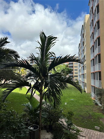 View of surrounding apartment buildings with a lawn and palm trees.