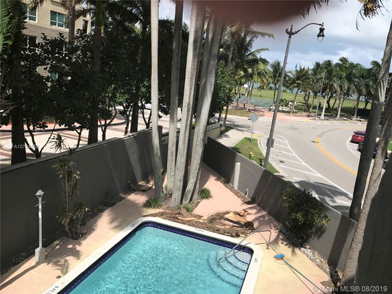 View from a building showing a swimming pool and nearby roads lined with palm trees.