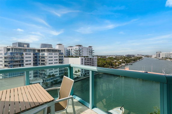 Elevated view from a balcony overlooking a waterway and surrounding buildings.