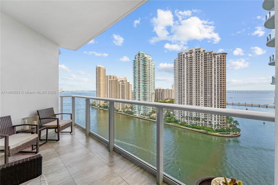 Wide-angle view from a balcony overlooking tall buildings and a body of water.