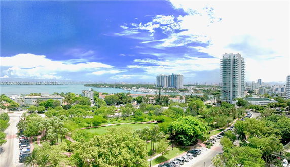 Panoramic view of a cityscape with tall buildings, greenery, and a body of water in the background.