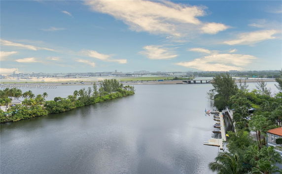 Wide angle view of a river and surrounding greenery with a distant view of an airport.