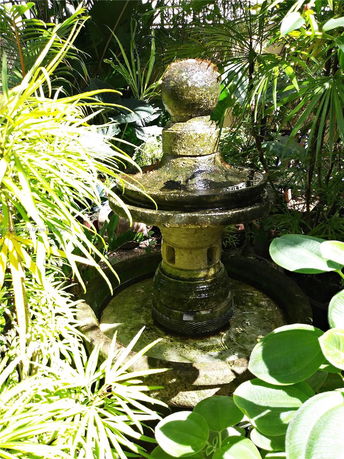 A decorative stone fountain surrounded by lush green plants in a garden.