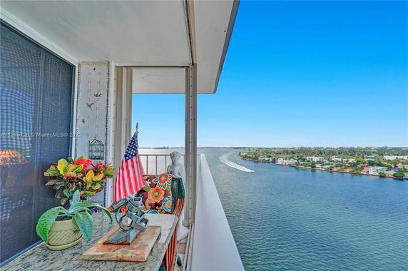 View from a high-rise balcony overlooking a body of water and distant buildings.