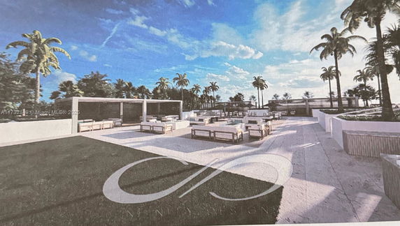 Rooftop with seating areas and palm trees.
