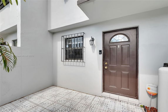 Front view of a house entrance with a tiled porch and a brown door.
