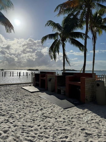 Beach area with palm trees and barbecue grills overlooking the water.