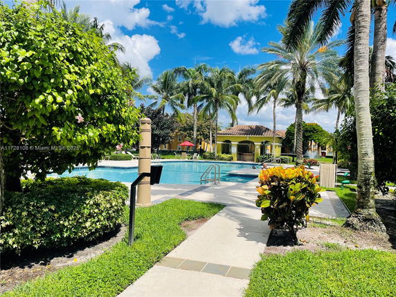 View of a swimming pool area surrounded by palm trees and greenery.