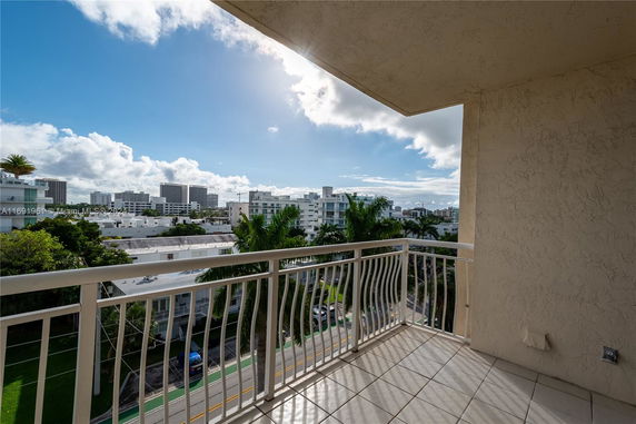 Balcony view overlooking cityscape with high-rise buildings.