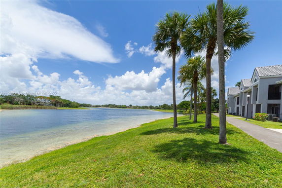 Lakeside view with palm trees and residential buildings under a blue sky.