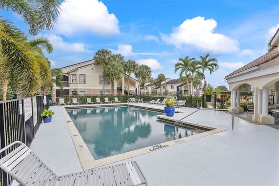 Outdoor swimming pool with lounge chairs and palm trees around.