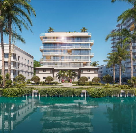 Front view of a modern multi-story apartment building with glass balconies and surrounded by palm trees.