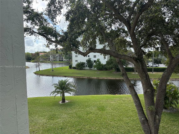 View of a pond and surrounding greenery from a building.