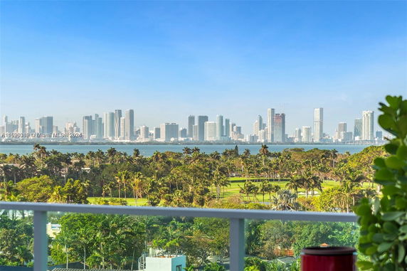 Wide view of a skyline with high-rise buildings across a body of water and green landscape.