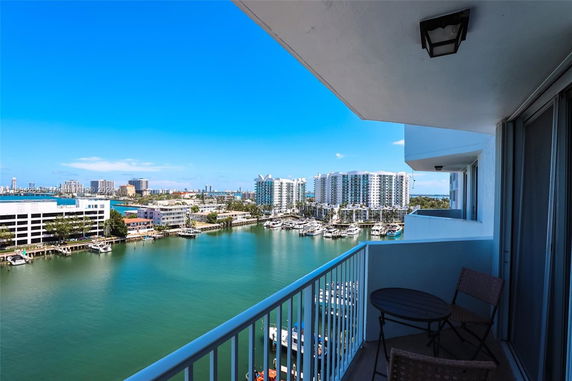 Panoramic view from a balcony overlooking water and buildings.