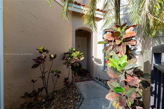 Front view of a house entrance with plants and pathway.