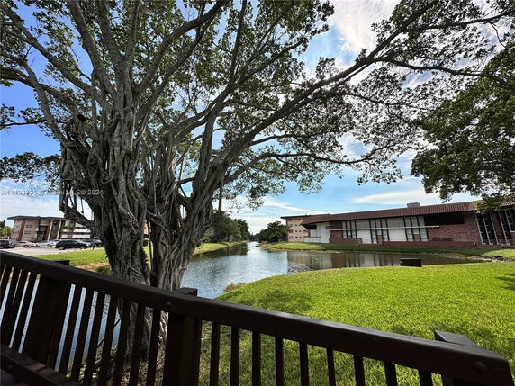 View of a building near a body of water with a large tree in the foreground.