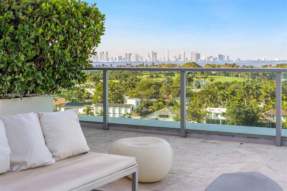 Panoramic view from a rooftop terrace with cityscape and greenery in the distance.