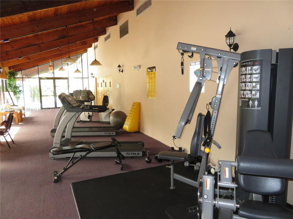 Indoor recreation area with gym equipment including treadmills and weight machines.