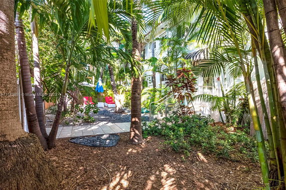 Garden area with lush tropical plants and trees surrounding a patio with outdoor seating.