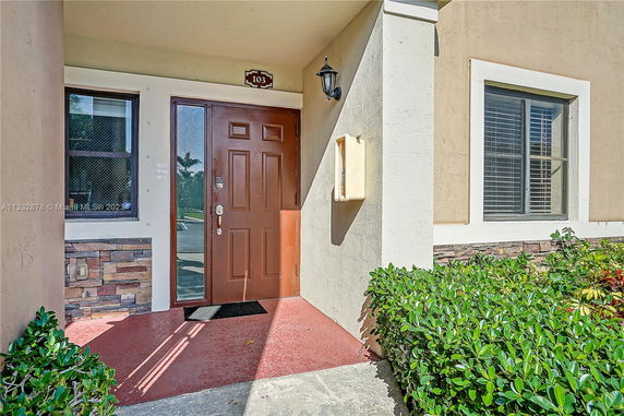 Front entrance of a building with a brown door and window, surrounded by plants.