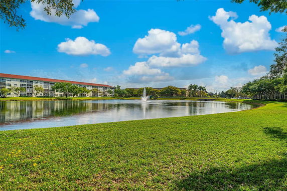 View of a large body of water with a fountain, bordered by grass and buildings in the background.