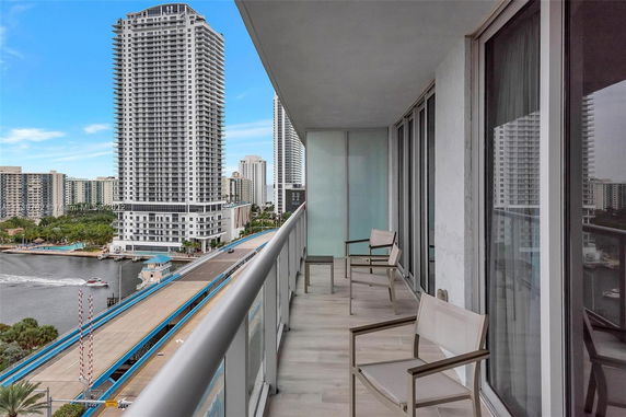 Balcony view with multiple high-rise buildings and a river.