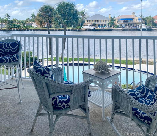 Outdoor balcony with wicker chairs overlooking a waterway and neighboring houses.