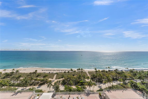 Wide angle view of a beach and ocean from a high vantage point.