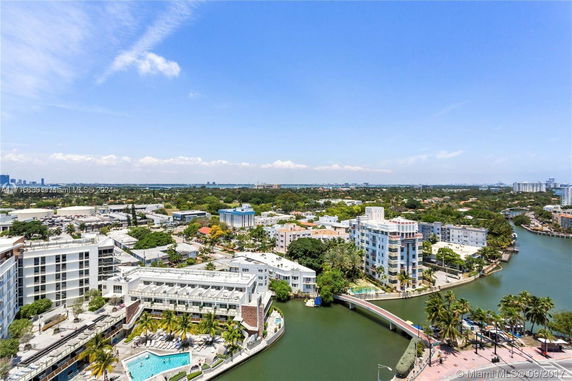 Wide-angle view overlooking a river, buildings, and distant skyline.